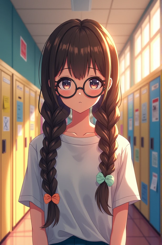 An anime girl, braid hair, big glasses, highschool unifom, head down, eyes covered