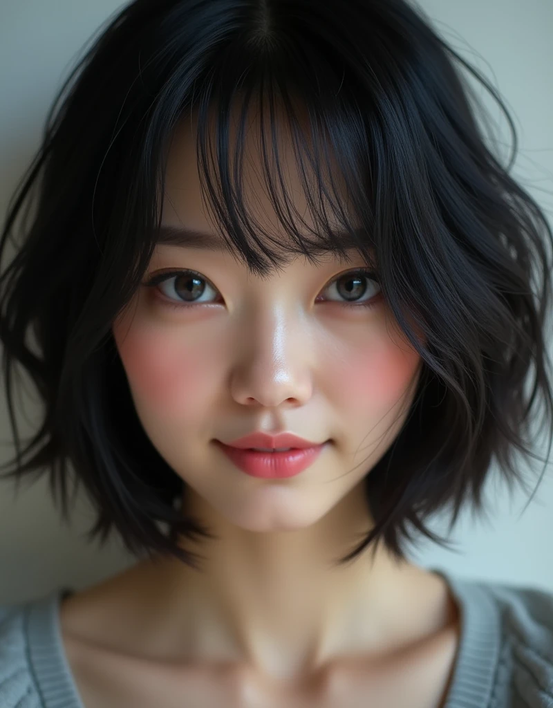 (RAW photo, best quality, masterpiece: 1.2), (photorealistic: 1.4), best lighting, 20 years old, black hair, Light grey eyes, short bob cut, hair in 7 thirds, hair over one ear, Symmetrical eyes, fair skin, solo, Detailed Skin, Beautiful lips, gloss, blush, Polish girl, smiling