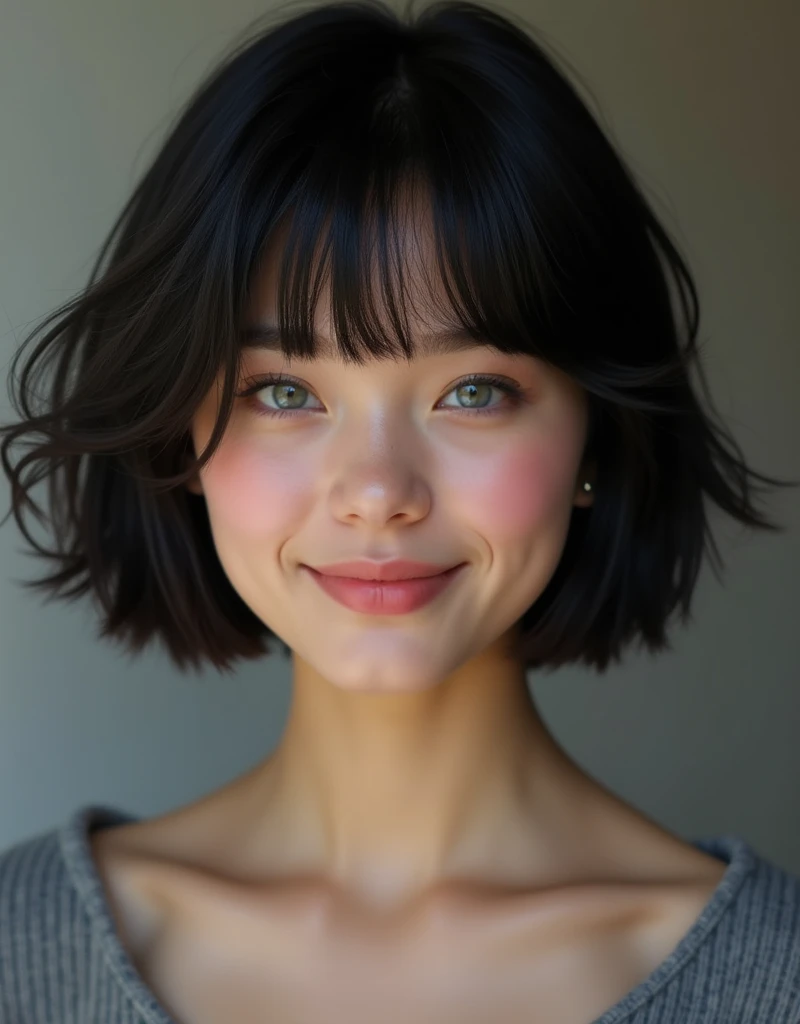 (RAW photo, best quality, masterpiece: 1.2), (photorealistic: 1.4), best lighting, 20 years old, black hair, Light grey eyes, short bob cut, hair in 7 thirds, hair over one ear, Symmetrical eyes, fair skin, solo, Detailed Skin, Beautiful lips, gloss, blush, Polish girl, smiling