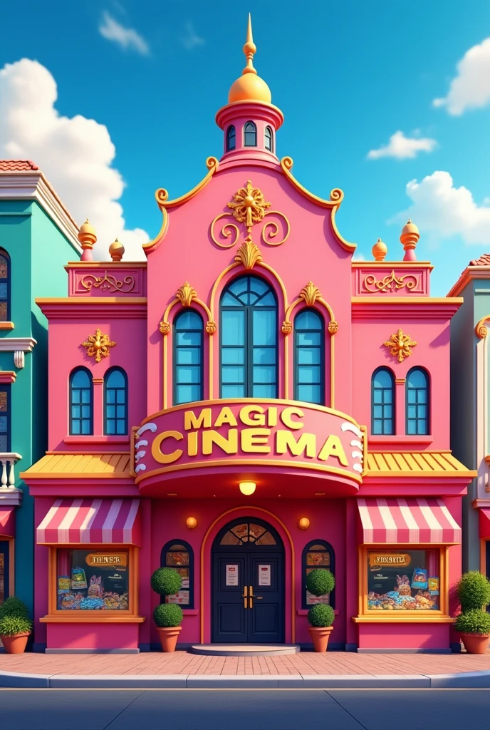 make the outside of a cinema. that it is called MAGIC CINEMA that it is cartoonish, that only the front part is visible. Let nothing cover it, that has the entrance in the middle, the ticket office where they sell the tickets on the right side, and the food on the left side, that are in the shape of a window, that is cute and eye-catching, that is elegant and with a high or striking structure (Give me the first design that you already gave me)