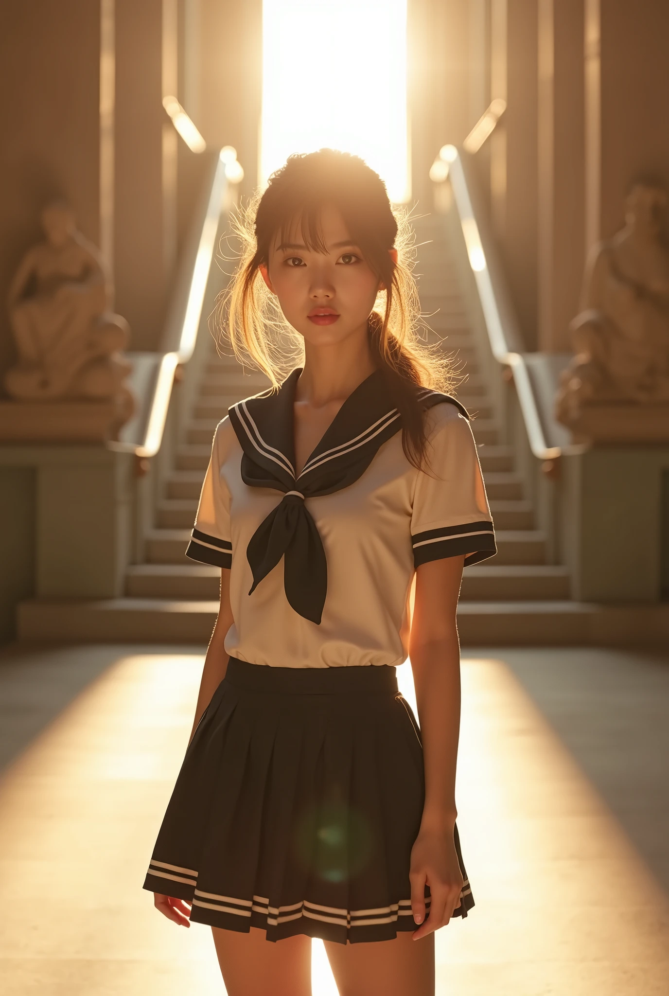 Browsing Caution:-2, Realistic, From the side:1.21, photorealistic realism, Portrait of a Japan woman, Elegant appearance, World-class idol, Cute Japanese woman'顔:1.21, Beautiful Japanese woman face:1.21, (Above the knee shot.:1.21), (Realistic photos:1.4), (masterpiece, Highest quality:1.2), RAW Photos, 32K High Resolution, Intricate details,Very detailed, Standing woman, (Please show me your armpits.:1.21), (Flat Chest:1.21), Gazing at the audience, View from below, Tight waist, Cute 顔, Light brown hair, (Low ponytail hair:1.21), With drooping bangs, School uniforms, Short sleeve clothing, Sailor suit:1.21, sera fuku:1.21, 有名な東京都立高校のSailor suit, The upper body is wearing a uniform:1.21, I can see your belly:1.21, Pleated mini skirt:1.21, Bust Top Float, Sharp eyebrows:1.37, Pink lipstick:0.95, Detailed face, fine grain, Pale skin:1.21, Fine skin, Glowing Skin:1.21, In the museum&#39;s vast lobby, A wide staircase leading up to the upper floors at the back, A magnificent museum with historic value, Under the Rising Sun, light from skylight, Rays of light run through her body:1.37, Ray Tracing, Emotional, Dynamic and cinematic lighting, Browsing Caution:-2,