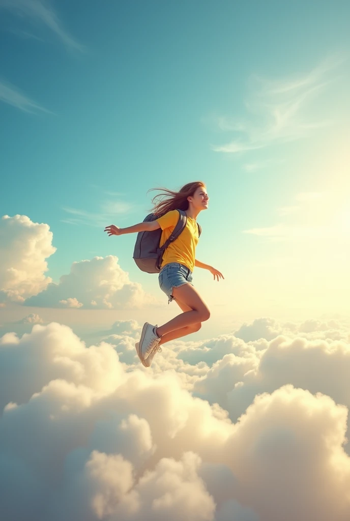 I drew an illustration of a middle school student in the sky, inspired by the image of the blue sky above the clouds.