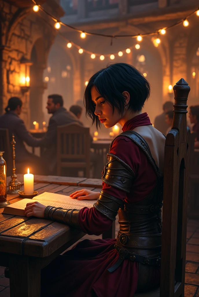 A female mage with short black hair, She has light armor made of wine-colored fabrics and leather and has her staff hanging on her back and is reading her magic book inside a tavern.