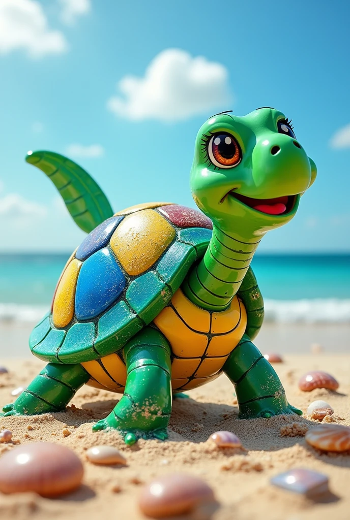 TURTLE BUILT FROM PLASTIC BOTTLES HAPPY AND WAVING