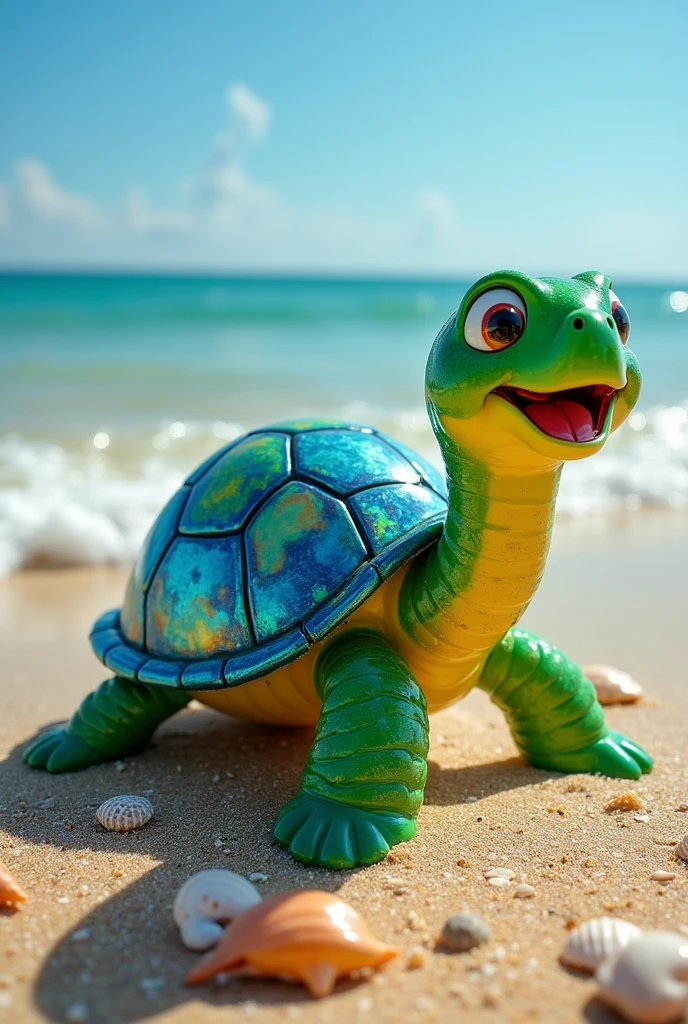 TURTLE BUILT FROM PLASTIC BOTTLES HAPPY AND WAVING