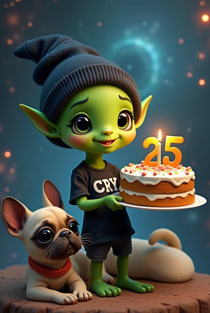 small green male alien with cute face, dressed in a black beanie and a black t-shirt with the name CRY on it and holding a 25th birthday cake with realistic and intricate details, accompanied by an Egyptian cat and a pug dog
