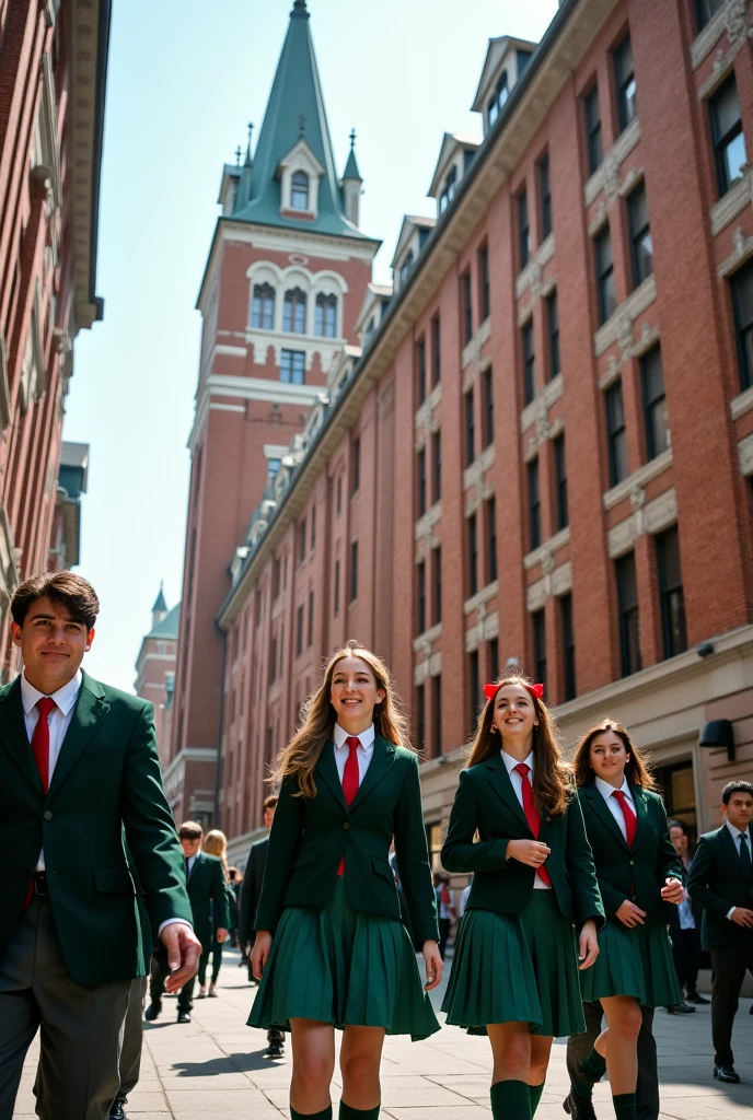 Brick school, tall and spacious, students wearing green uniforms, high school students, in the city, green uniforms with red ribbons and green blazers, green skirts, dark green uniforms, live-action