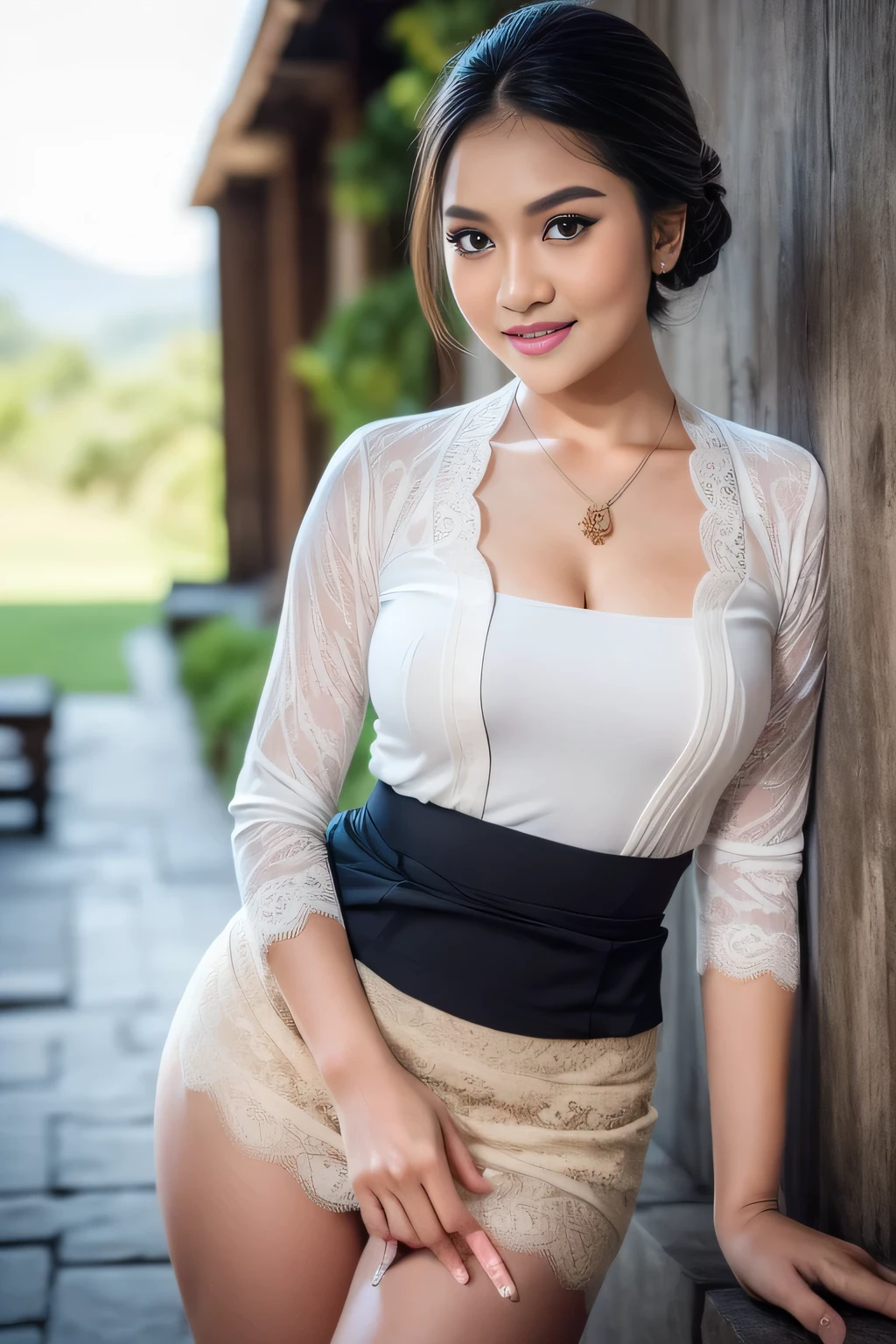 (Best quality, high resolution, Masterpiece: 1.3), an adorable Indonesian woman with a slender figure, (black layered hairstyle), wearing a pendant, ((white lace kebaya_bali, short skirt)), outdoors, sun-tanned lighting, mountains in distant background, details in face and skin texture beautifully rendered, details eyes quality, high resolution, (big puffed breasts, ample cleavage, round hips, hourglass body), thick thighs, double eyelids, blushy