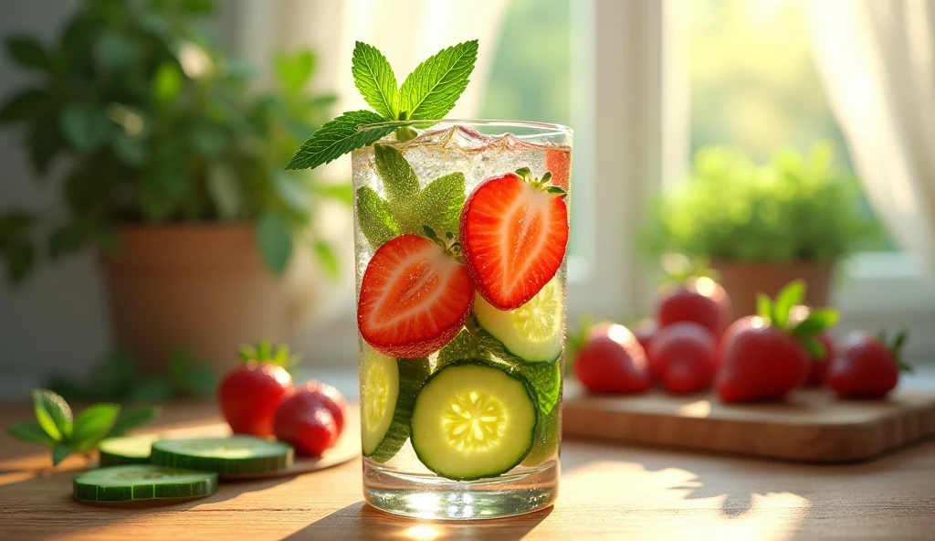 Refreshing Cucumber Trink Drink Recipe, thinly sliced, mint leaves and strawberry