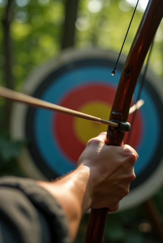 size": "1024x1024",
"prompt": "A close-up image of an archer's hand holding a bow and an arrow, with the hand gripping the bow tightly, preparing to shoot. The focus is on the hand and the arrow, with a large target visible in the distance. The target should be large and clear, centered in the background, while the hand and arrow dominate the foreground. The style should be realistic, capturing the details of the archer's hand, the bow, and the target."
}