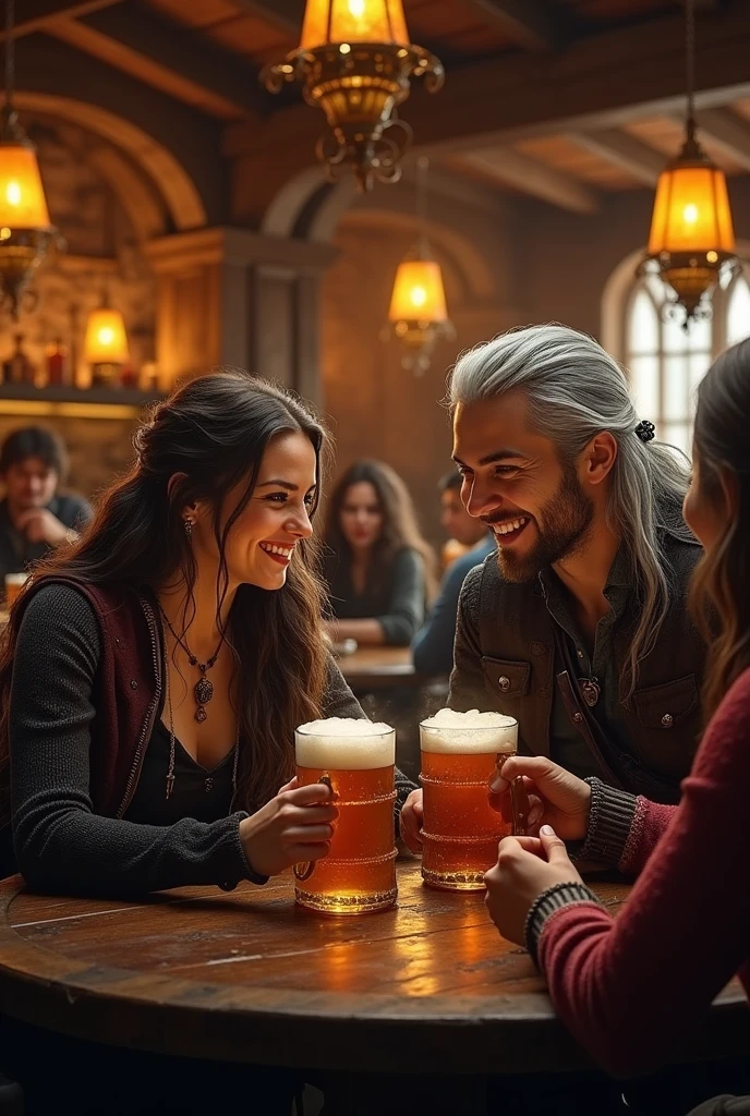 A tavern, Ciri and Geralt smiling, wooden mugs with draft beer, bard playing the lute, other people having fun, yennefer sitting next to geralt having a drink