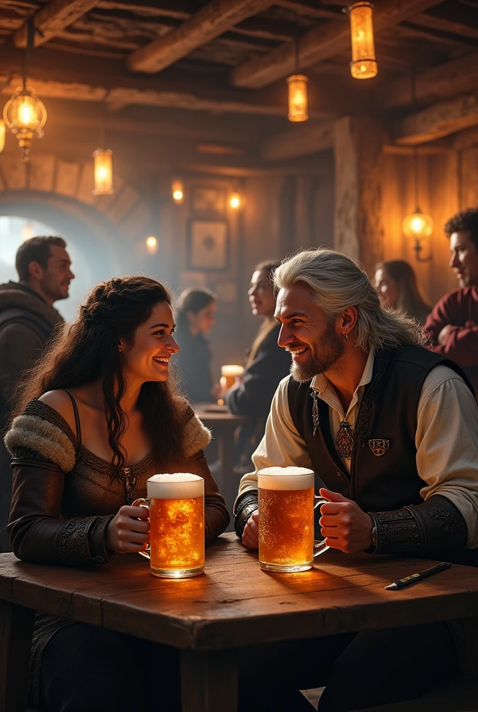 A tavern, Ciri and Geralt smiling, wooden mugs with draft beer, bard playing the lute, other people having fun, yennefer sitting next to geralt having a drink