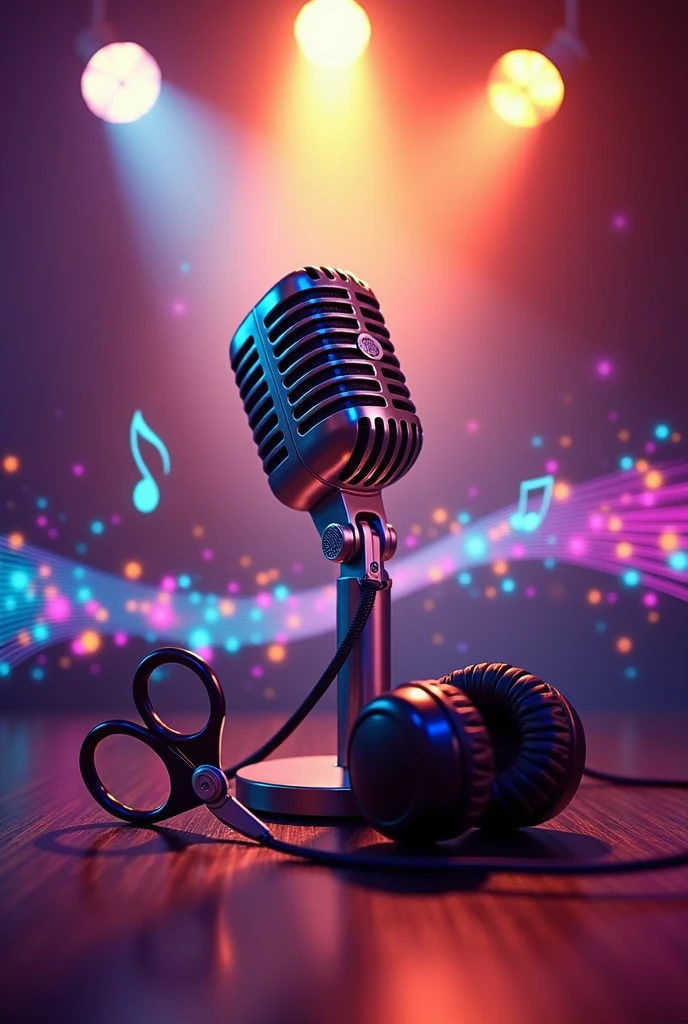 Make me a musical jingle art with a picture of a microphone and a headphone and scissors