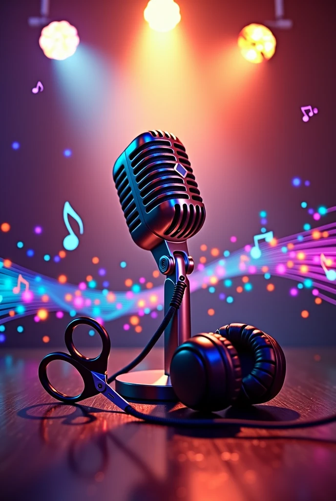Make me a musical jingle art with a picture of a microphone and a headphone and scissors

