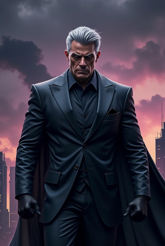 Give me a supervillain in a shiny grey and black suit, that his hair is gray and he is muscular