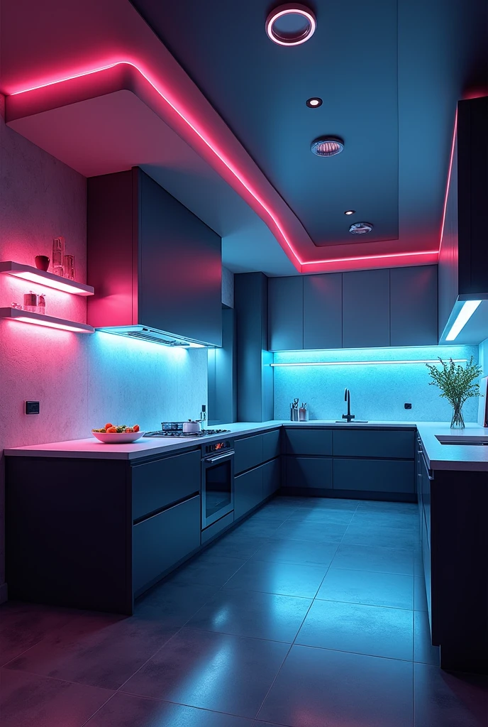 a futuristic, luxurious and fully equipped modern kitchen, mystical colors, (best quality,4k,8k,highres,masterpiece:1.2),ultra-detailed,(realistic,photorealistic,photo-realistic:1.37),professional, advanced technology, sleek design, stainless steel appliances, minimalist aesthetic, futuristic lighting, holographic displays, floating islands, smart home features, clean lines, dark moody tones, neon accents, cinematic angles, volumetric lighting, dramatic shadows