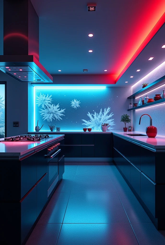 a futuristic, luxurious and fully equipped modern kitchen, mystical colors, (best quality,4k,8k,highres,masterpiece:1.2),ultra-detailed,(realistic,photorealistic,photo-realistic:1.37),professional, advanced technology, sleek design, stainless steel appliances, minimalist aesthetic, futuristic lighting, holographic displays, floating islands, smart home features, clean lines, dark moody tones, neon accents, cinematic angles, volumetric lighting, dramatic shadows