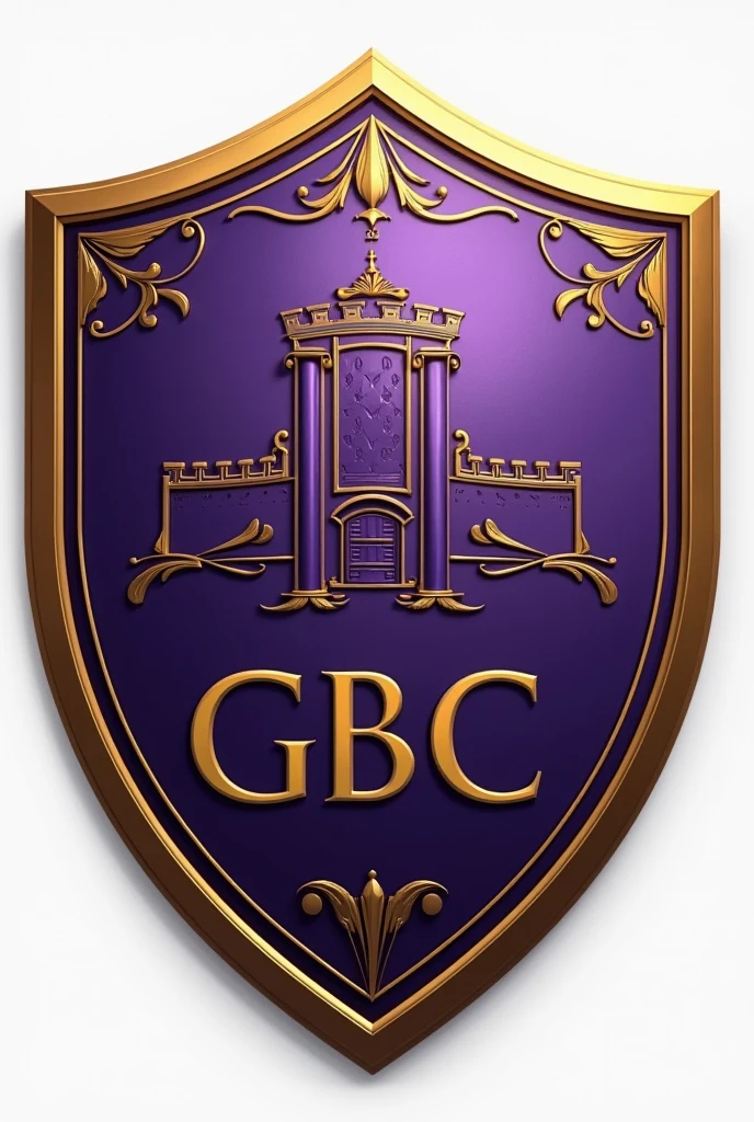 Create a shield for a football team called Barbalho GBC in Portuguese, purple and gold colors, medieval castle, neutral background