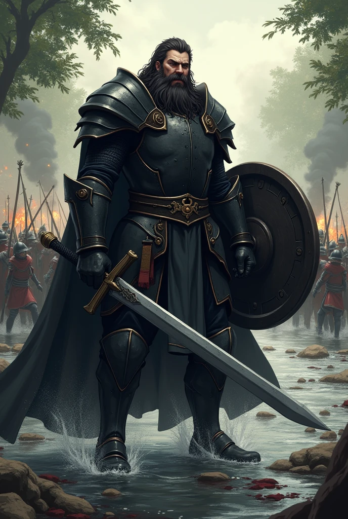 An anime character;
A fat man with a beard and a sadistic smile.
Wearing heavy black armor and with a large long sword in his right hand and a large round black steel shield in his left. In the background you can see a battle between several soldiers in a very shallow river..