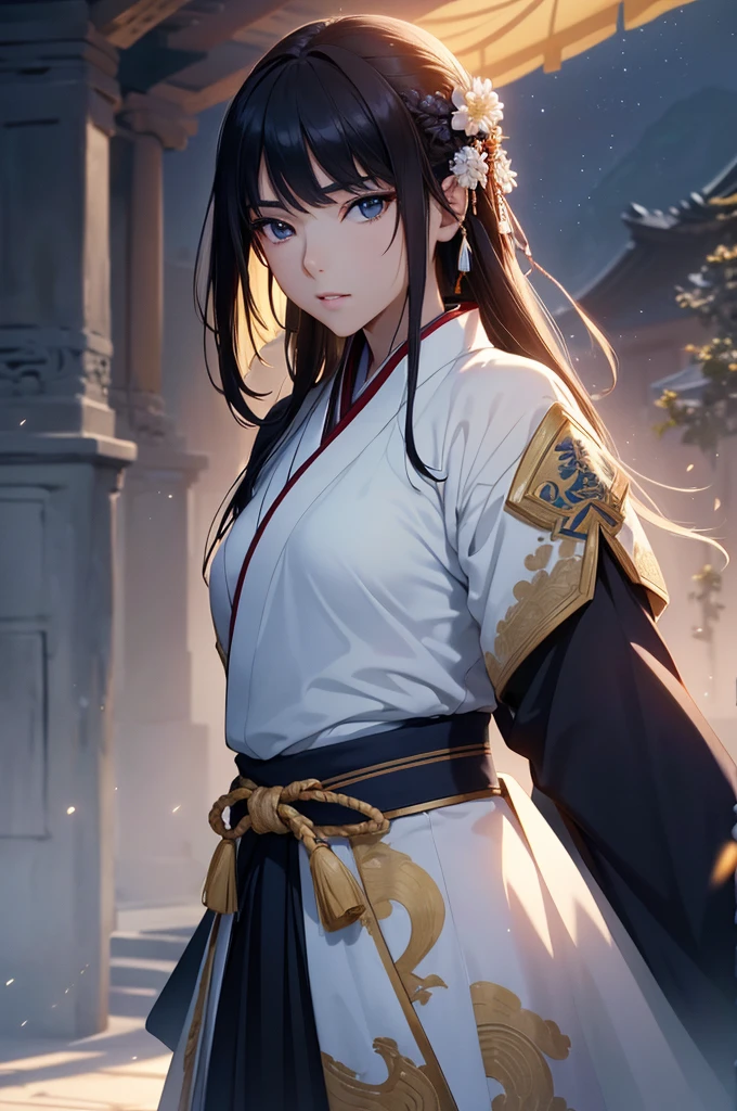Starry sky and fog cover the landscape.Rich historical background. (Highest quality,4K,8k,High resolution,masterpiece:1.2), Very detailed, (Realistic,Realistic,Photorealistic:1.37), High resolution, Hyper HD, Studio Lighting, Ultra-fine painting, Sharp focus, Physically Based Rendering, Very detailed説明, Professional, Vibrant colors, Bokeh, Sports Late, Ancient War Landscapes, Traditional Chinese Painting Techniques, Atmospheric lighting, Dynamic Pose, Complex combat scenarios, Vivid color contrast, Visually stunning composition, Ethereal atmosphere,Very detailed目と顔, Beautiful attention to detail, Light on the face, (Hanfu: 1.1),