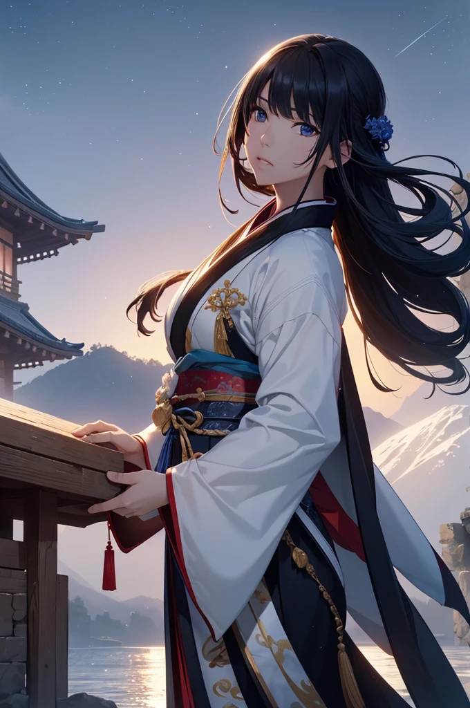 Starry sky and fog cover the landscape.Rich historical background. (Highest quality,4K,8k,High resolution,masterpiece:1.2), Very detailed, (Realistic,Realistic,Photorealistic:1.37), High resolution, Hyper HD, Studio Lighting, Ultra-fine painting, Sharp focus, Physically Based Rendering, Very detailed説明, Professional, Vibrant colors, Bokeh, Sports Late, Ancient War Landscapes, Traditional Chinese Painting Techniques, Atmospheric lighting, Dynamic Pose, Complex combat scenarios, Vivid color contrast, Visually stunning composition, Ethereal atmosphere,Very detailed目と顔, Beautiful attention to detail, Light on the face, (Hanfu: 1.1),