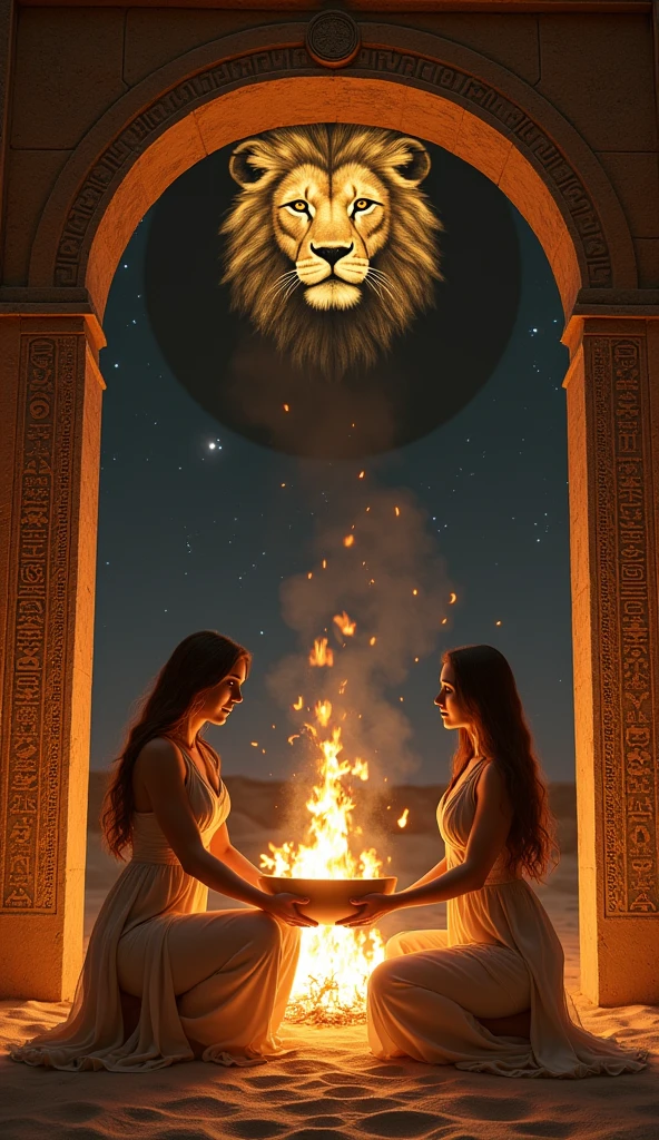 Here is the prompt in Portuguese based on the image you provided:
---
"In a mystical scene in the desert, under an arch adorned with ancient inscriptions, two women dressed in flowing, elegant outfits kneel in the center, holding between them a large luminous bowl. They look up, where the majestic head of an ethereal golden lion appears, lit by a dark black moon. Ao fundo, a blazing bonfire illuminates the surroundings, reinforcing the ceremonial and magical atmosphere. with women around her"