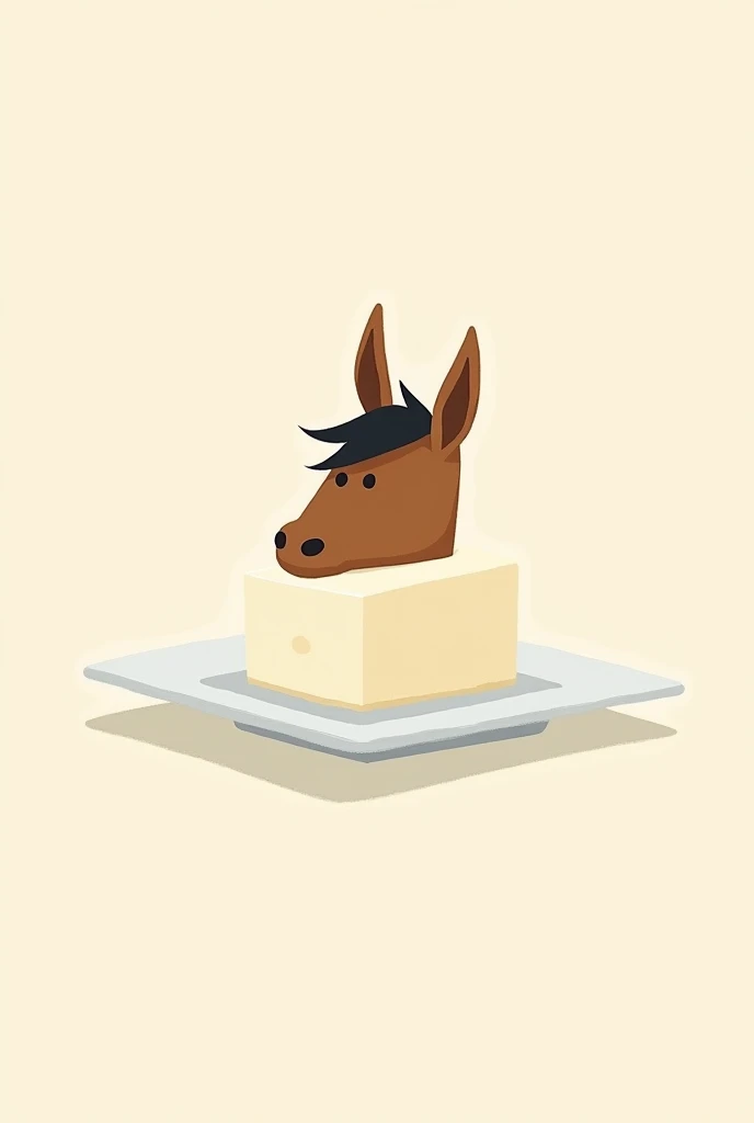 Simple illustrations with thick lines and four or fewer colors。A horse&#39;s ear grows out of a square of tofu on a plate.。No parts other than the ears are needed