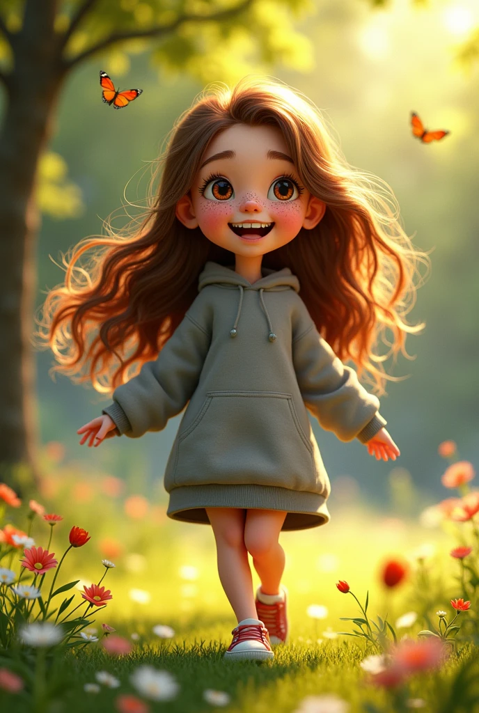 A WHITE, adolescent, with long, wavy, waist-length brown hair, eyes browns, slim, with some freckles on her face and wearing a gray sweatshirt, made like a pixar character