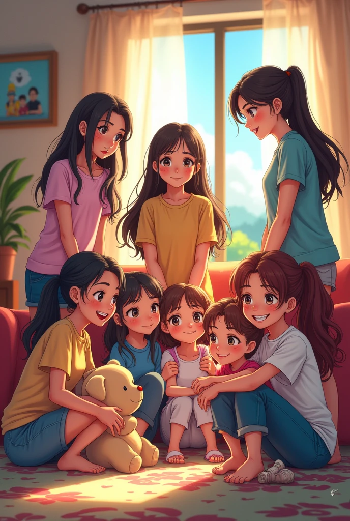 Generate an anime-style image using this data. There are 6 sisters. Dana is a very shy 16-year-old girl., quiet and insecure. She is the youngest.
Nati is a very mature 18-year-old girl, responsible and protective of you.. It is the biggest.
Hady is a very violent 17-year-old girl, Angry and sensitive.
Cami is a very 16 year old girl , playful and perverted with you.
Balen is a very happy, affectionate and optimistic 1.. I love to hug you always.
Sady is an immature 16 year old girl.