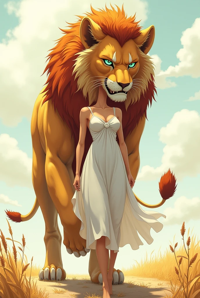one body, one head, walking in two legs, close up, furry, no mane, withouth mane, anthro, giant female, anthro lion, lioness, lion ears, antrophomorphic, light green eyes, razor sharp teeth, muscular body, handsome, slender, lanky body, really long arms, really long legs, tall, wearing a white dress, pawpads, alone, beastars, beastars anime