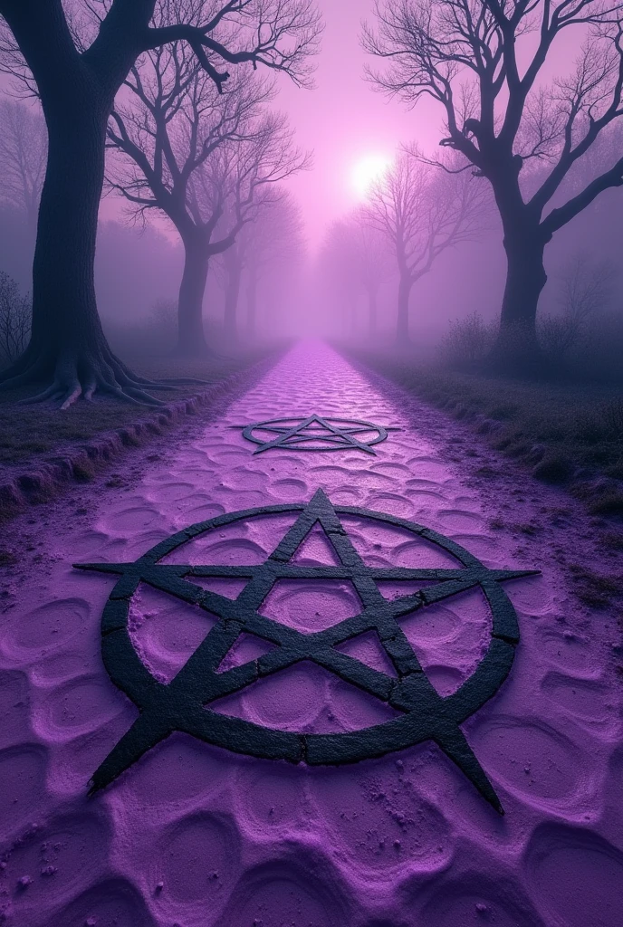 A dark lilac landscape with a satanic symbol in the middle