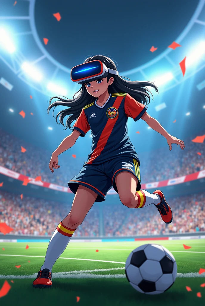 Image of Sadako wearing VR goggles scoring a goal in soccer
