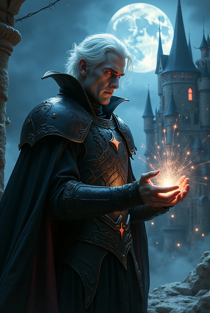 ((best qualityer)), ((work of art)), (detailded), a white haired vampire with black armor and using magic without a staff