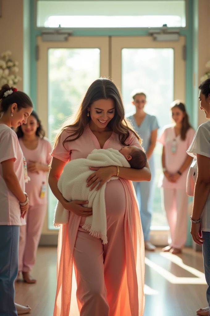 A maternity ward, a pregnant woman leaving the maternity ward with her baby, A square 