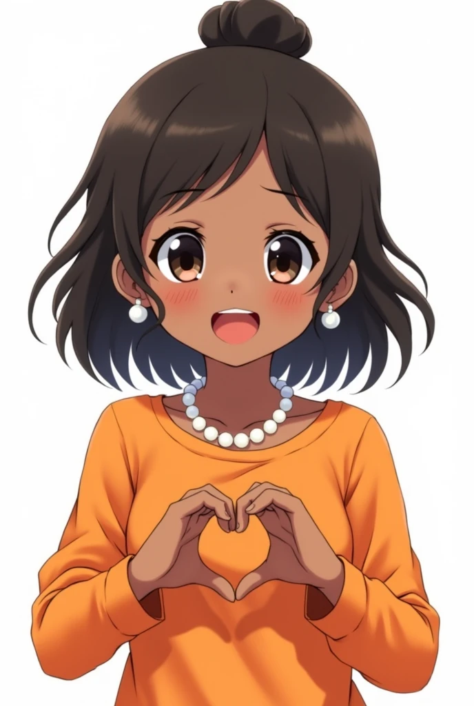 A  cute dark skinned anime girl, loose hair with a black bun behind, long and a little curly dark eyes Orange top in the center and a pearl necklace, white background and pearl earrings white background and front pose with hands like this. 🫶🏽 