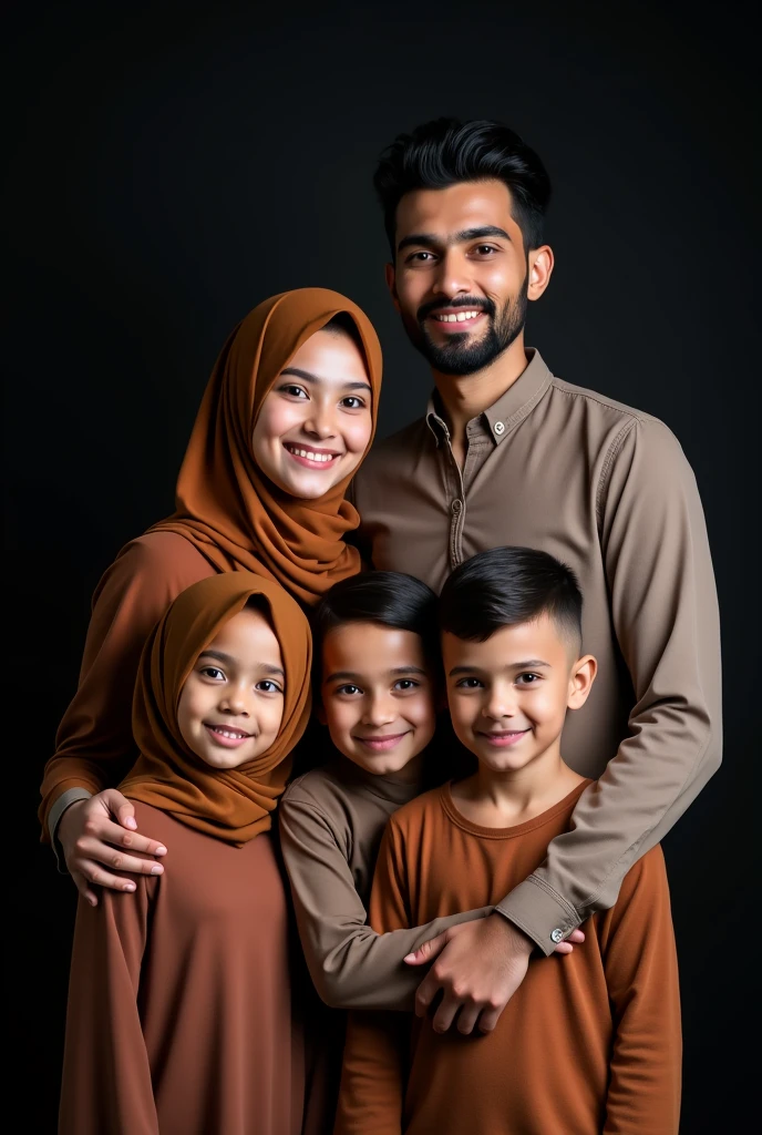 Muslim family studio photo with 3 children, 34 year old father with neat hair, mother age 33 wears hijab , first child girl aged 8 years wearing hijab , second child, 5 years old, neat hair, the third child, a 3 year old girl, wears a hijab , black photo background , all faces facing the camera