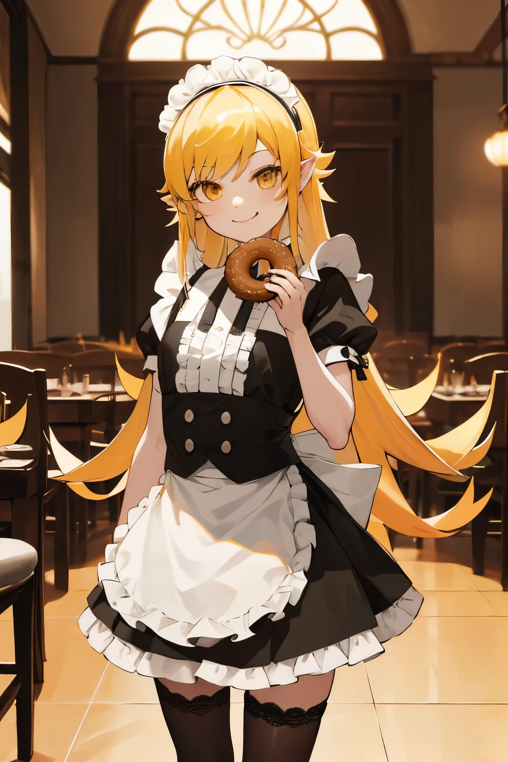 masterpiece, best quality, highres, aashinobu, aged down, long hair, pointy ears, maid headdress, mini-skirt maid, standing, lace stockings, black pumps, holding donut, sitting, sit Chair, cowboy shot, smile, fang, indoors, restaurant