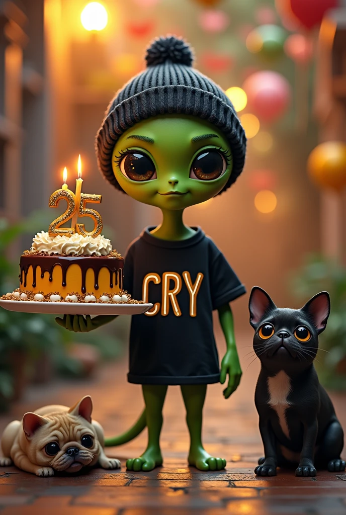 small green male alien with cute face, dressed in a black beanie and a black t-shirt with the name CRY on it and carrying a 25th birthday cake with intricate, animated details, accompanied by an Egyptian cat and a pug dog