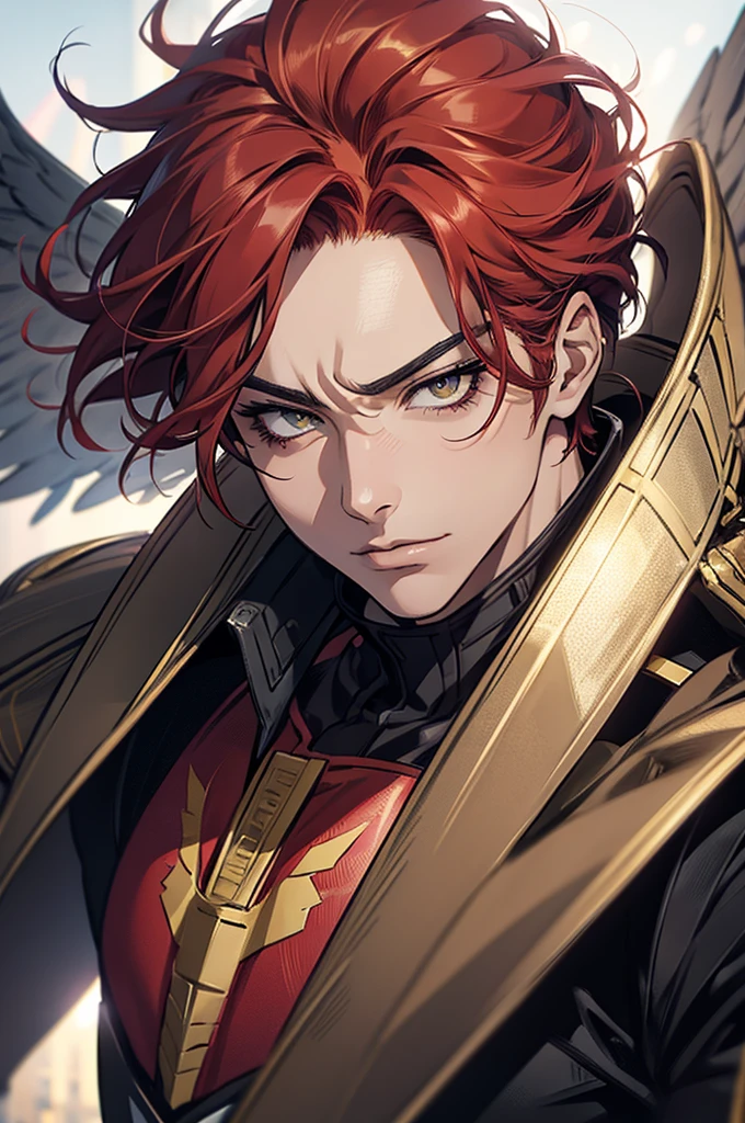 A detailed portrait of Keigo Takami (Hawks) from My Hero Academia, beautiful detailed eyes, beautiful detailed lips, extremely detailed face and features, long eyelashes, messy red hair, sharp facial features, intense gaze, feathered wings, superhero costume, dynamic action pose, detailed background, cinematic lighting, highly detailed, 8k, masterpiece, photorealistic, dramatic lighting, vivid colors, digital art