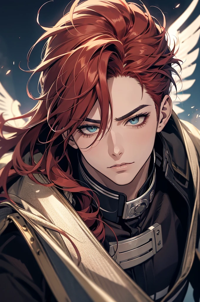 A detailed portrait of Keigo Takami (Hawks) from My Hero Academia, beautiful detailed eyes, beautiful detailed lips, extremely detailed face and features, long eyelashes, messy red hair, sharp facial features, intense gaze, feathered wings, superhero costume, dynamic action pose, detailed background, cinematic lighting, highly detailed, 8k, masterpiece, photorealistic, dramatic lighting, vivid colors, digital art