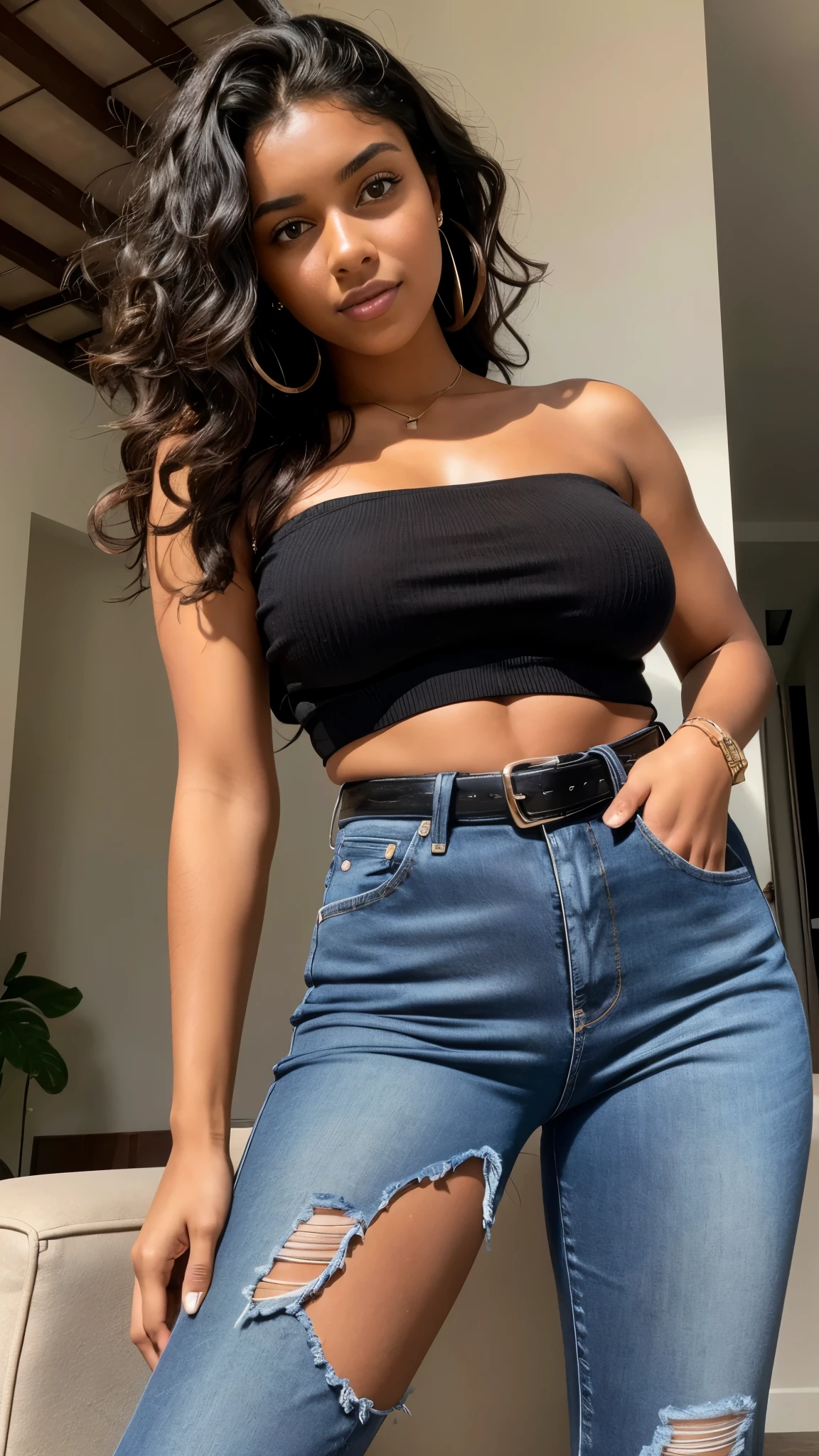 Beautiful 20-year-old brunette girl with dark skin, black curly hair and brown eyes wearing a black one-shoulder blouse and high-waisted jeans with a belt showing her belly button with thick legs