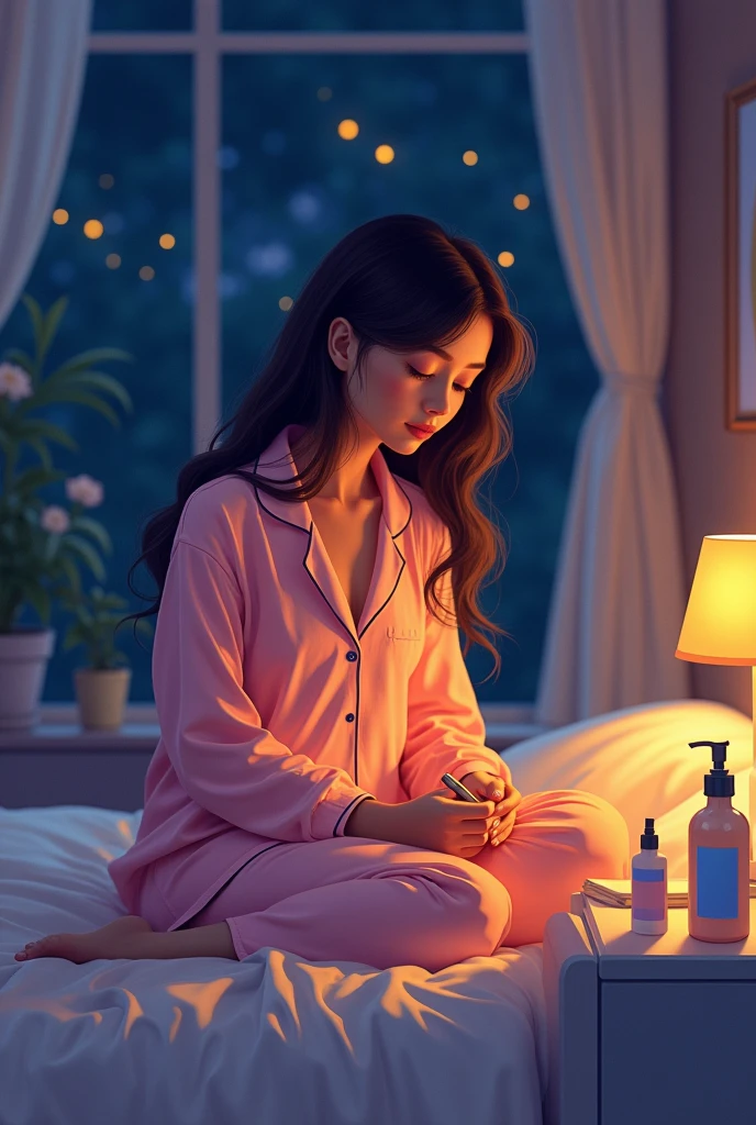 Subject: A woman's nighttime routine,
Creative descriptions: unwinding rituals, cozy pajamas, soft lighting,
Environment: bedroom sanctuary with skincare products,
Mood/atmosphere: relaxation, self-care, bedtime preparation,
Artistic medium/techniques: digital illustration capturing nighttime ambiance,
Artists/illustrators: Pascal Campion, Cozy Illustrations, Warm color palette,
Camera settings: Soft lighting to convey a cozy nighttime atmosphere in the illustration.