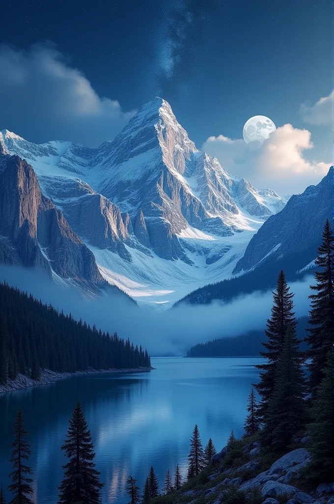 A mountainous landscape at night