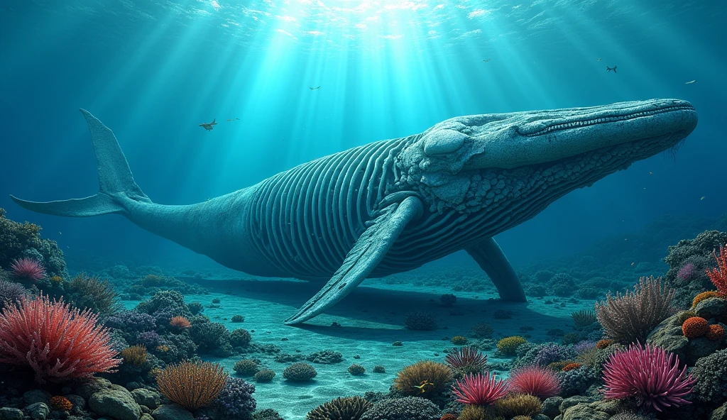 (photorealism:1.2), whale fall, big bones, deep, ocean floor, coral thriving