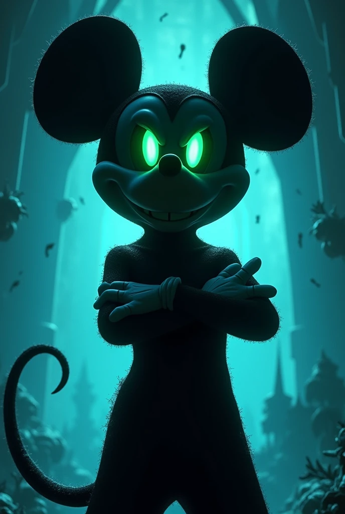 make me in the shade, video game antagonist, from the epic mickey video game with arms crossed on a light navy blue background and light green eyes