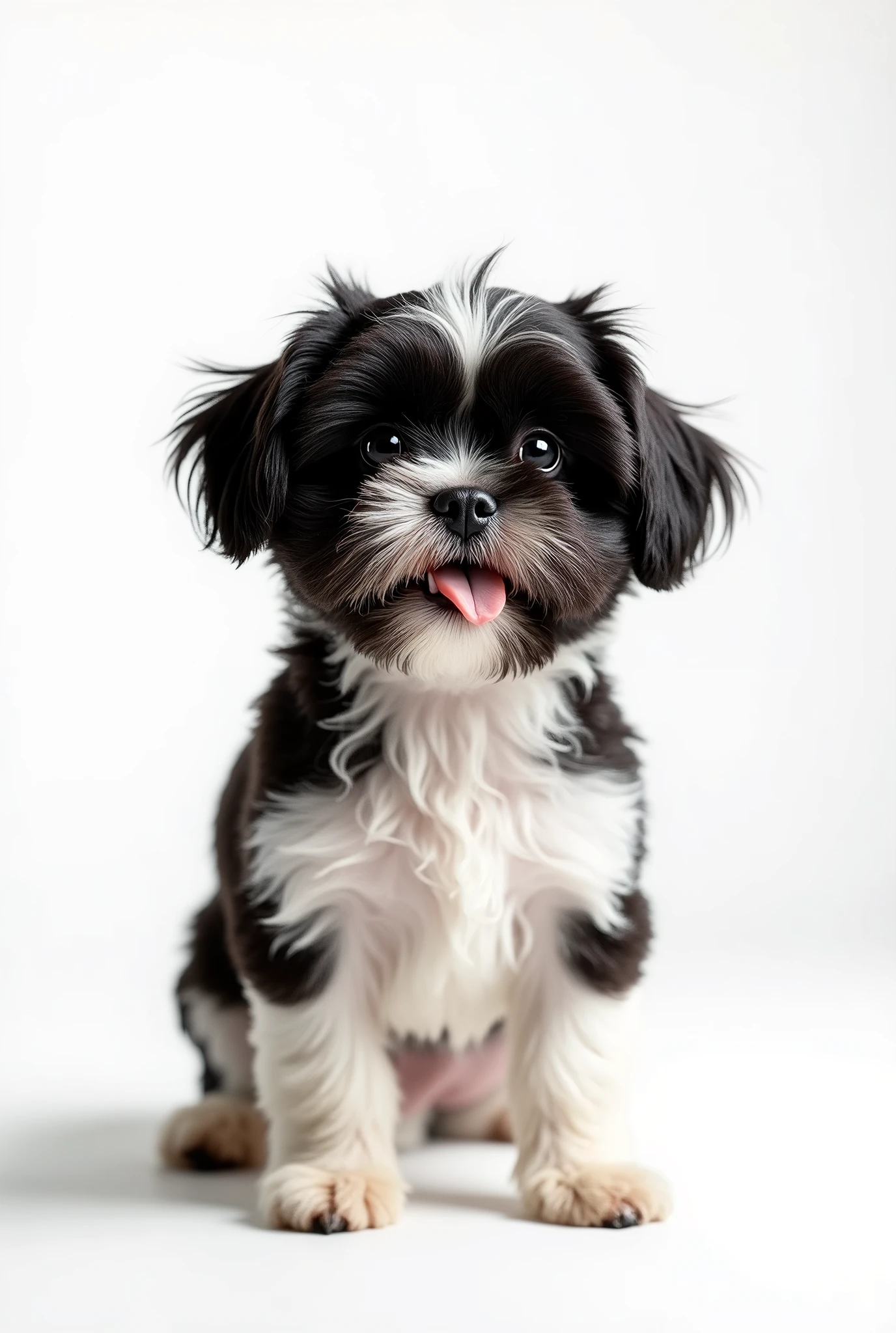 (8k, CRU photo, highest quality) (((full body shot:1.3))), small breed dog, Shih Tzu, with fur in deep black and white colors. The entire body of the dog must be fully visible within the frame, with no parts cut off. The dog should have one crooked canine tooth that is slightly visible. Background must be completely white, like a studio backdrop, with no shadows, distractions, or details, just a plain white surface. (((dynamic pose:1.3))), ((movement pose:1.2))), soft lighting, cinematic lighting, realistic fur, ((pores)), ((high detail fur)), light volumetric, hyper-realistic, vivid details, clear as crystal, 8K UHD, ultra photo realism, best quality, work of art, extremely detailed CG, unity, wallpapers (realistic, photorealistic:1.37), shining, fine-details, correct body structure. Shot with a camera lens at f/22 aperture to ensure maximum depth of field, keeping the entire scene 100% sharp, fully in focus, with all details crisply defined.