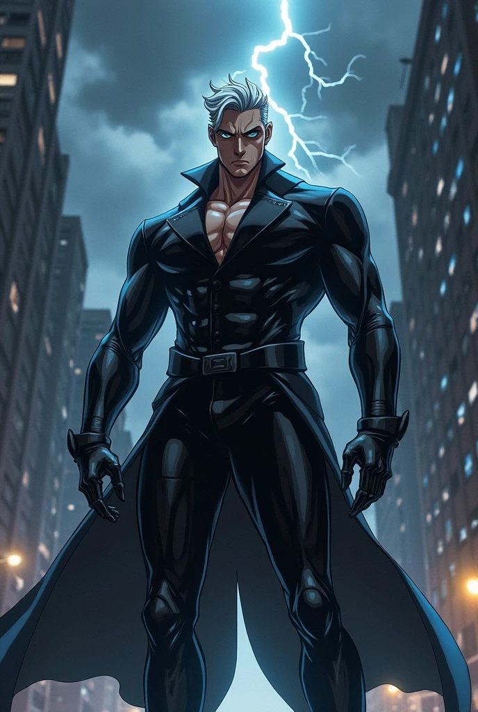 Give me a supervillain in a shiny grey and black suit, that his hair is gray and he is muscular in the anime version