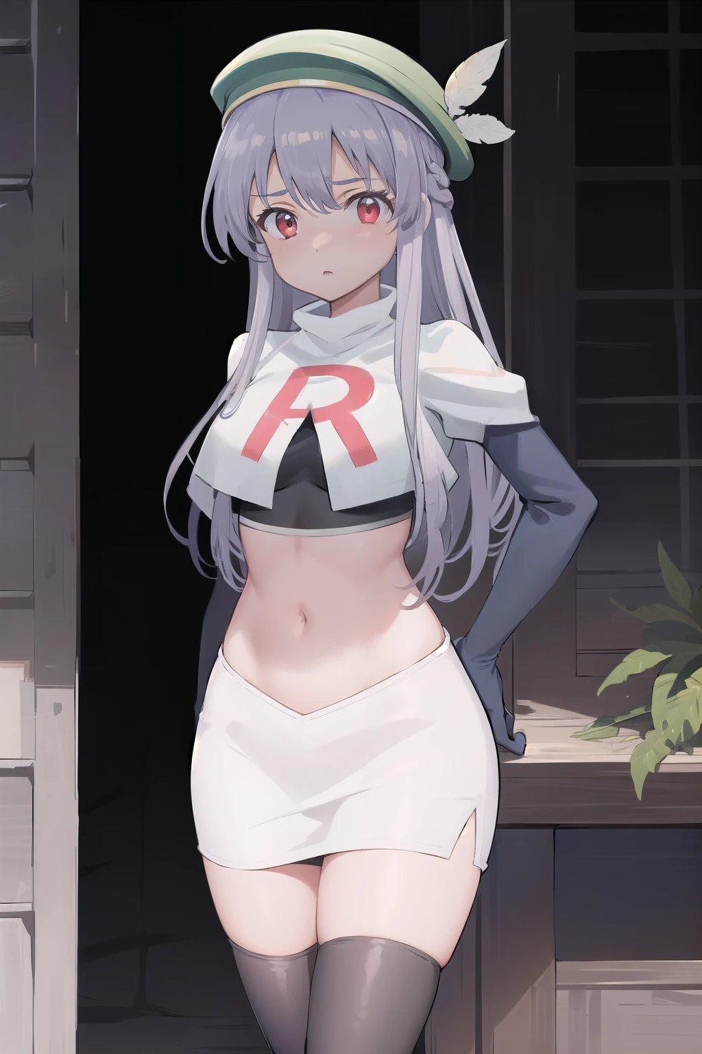 best quality, (masterpiece:1.2), illustration, absurdres,
(1girl, solo), (beautiful detailed girl),
Aeolia, lilac hair, long hair, red eyes, medium breasts,
green hat, hat with feather ornament, team rocket,team rocket uniform,white skirt,red letter R,crop top,black thigh-highs,black elbow gloves
looking at viewer,