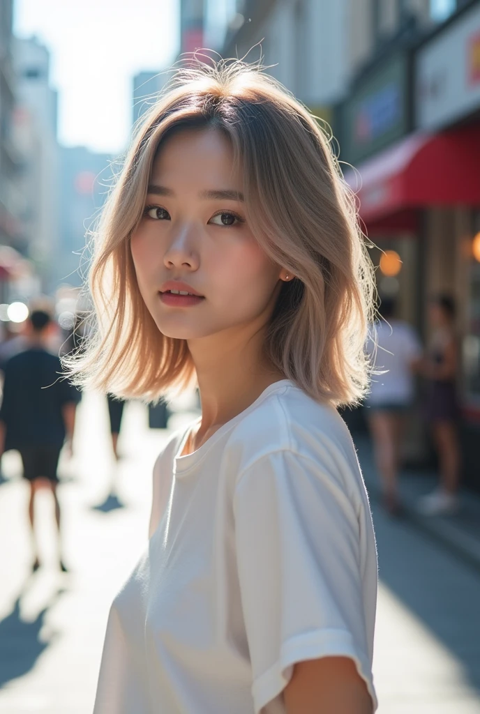 Wolf Hairstyles、Layered Cut、Light hairstyle、Medium length hairstyle that reaches the collarbone、Bright natural light、On the street、White T-shirt、K POPアイドル風な顔、Natural Makeup、Transparent medium-brightness hair color