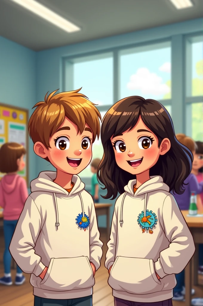 9-year-old boy with short light brown hair wearing a white sweatshirt and next to him a 9-year-old girl wearing a white sweatshirt, loose dark brown hair, These two kids are in a school setting “at the science fair presenting the workings of a hydraulic backhoe as their project. In cartoon